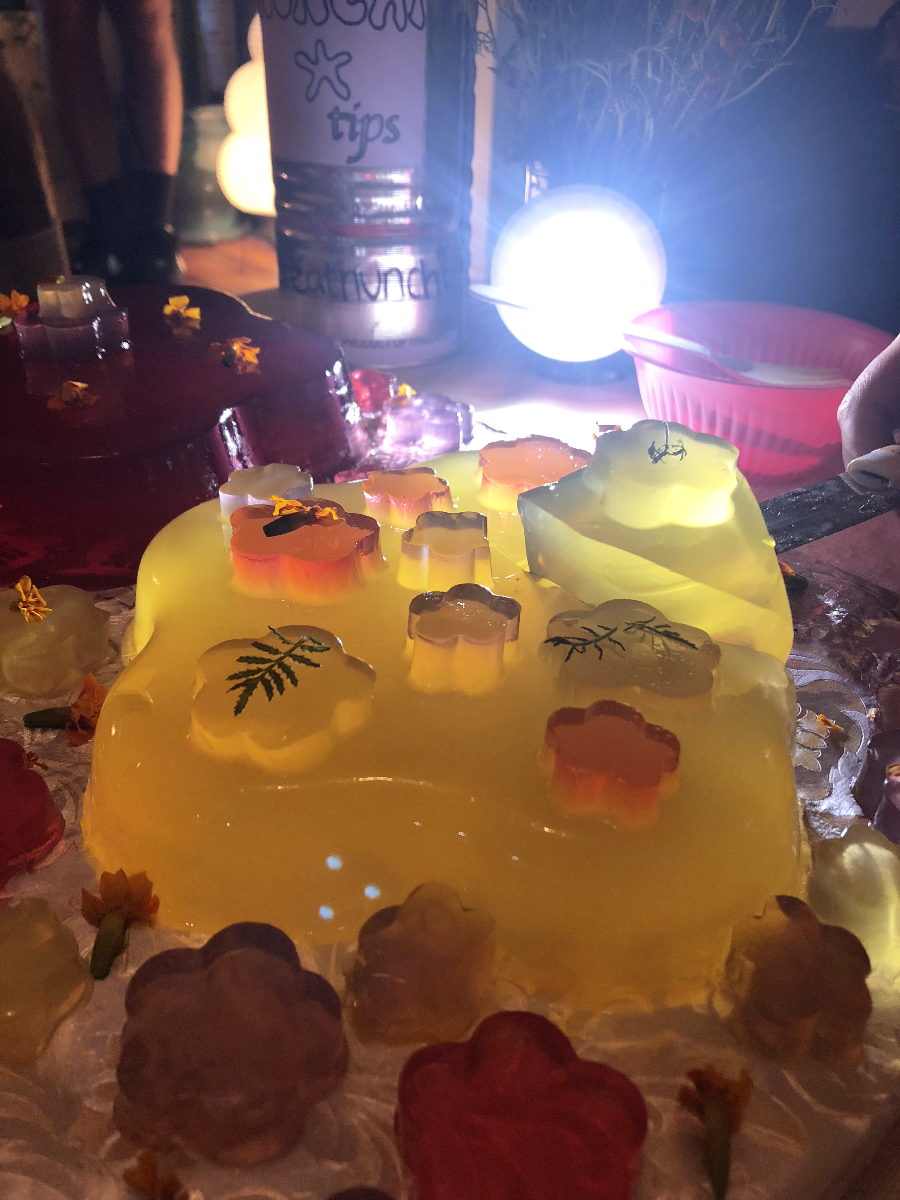 Detail of a brightly colored yellow jello cake in the shape of a flower illuminated by a flashlight on an alliuminium tray